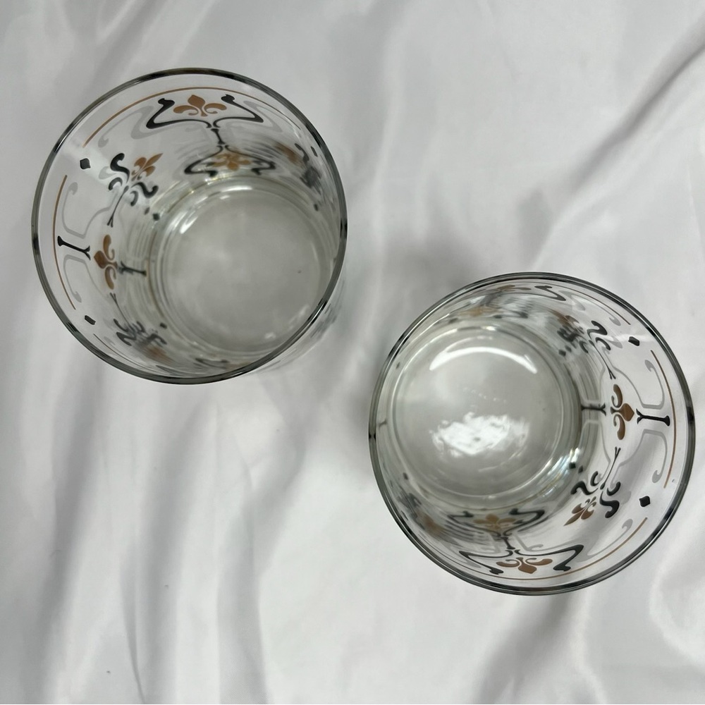 🥃 2 Lowball Rocks Old Fashioned Glasses Black Gold Fleur-de-lis vintage EUC MCM - Picture 9 of 16